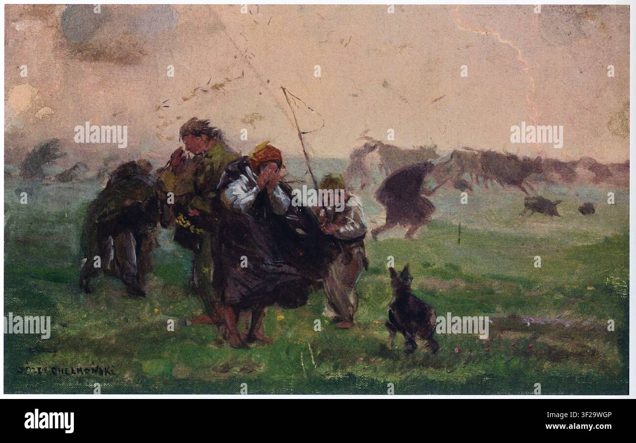 Józef Chełmoński;avant la tempête 1896; avant la tempête; on peut voir des rafales de vent dans les vêtements ébouriffés des personnages et dans la poussière qui s'élève dans l'air Banque D'Images