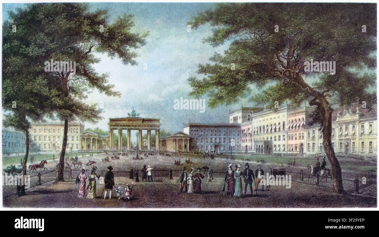 « La porte de Brandebourg à Berlin » – gravure à l’acier par Johann Poppel d’après un dessin de Johannes Rabe (publié vers 1850–1854). Porte de Brandebourg Banque D'Images