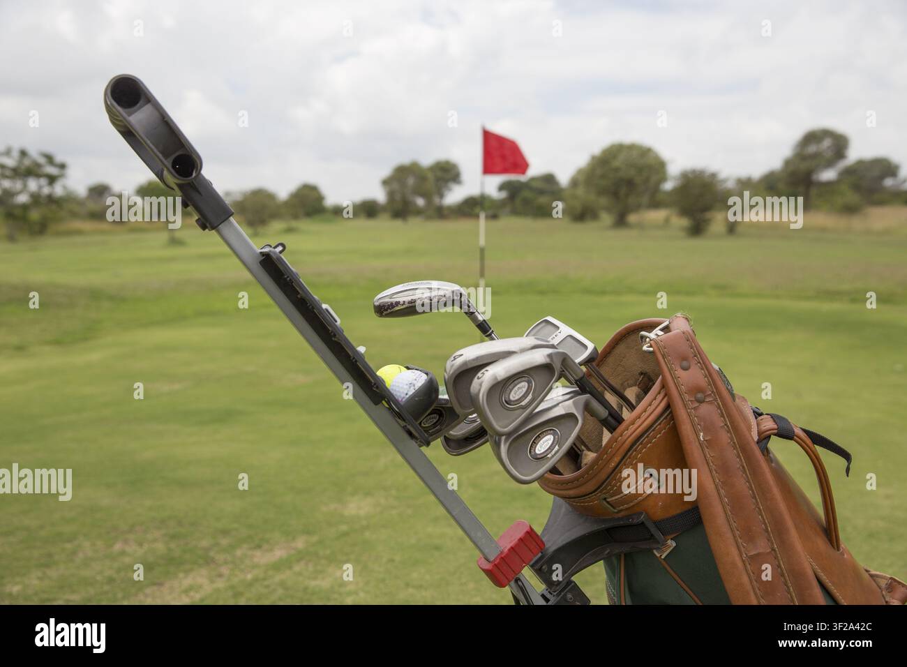 Vue d'un sac de golf rempli de clubs et de balles sur un terrain de golf vert avec un drapeau rouge au loin dans le comté de Laikipia, au Kenya. Banque D'Images