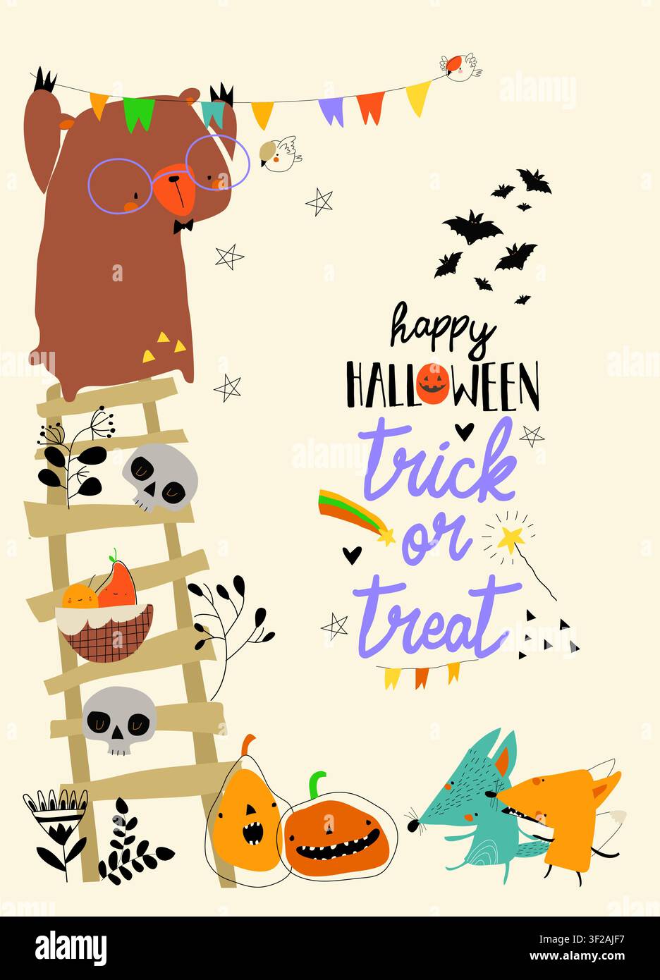 Cadre de dessin animé mignon avec des animaux heureux célébrant Halloween Illustration de Vecteur