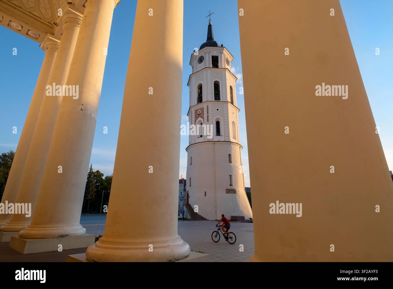 Le clocher vu à travers les colonnes de la cathédrale de Vilnius, place de la cathédrale, Vilnius, Lituanie, États baltes, Europe de l'Est Banque D'Images