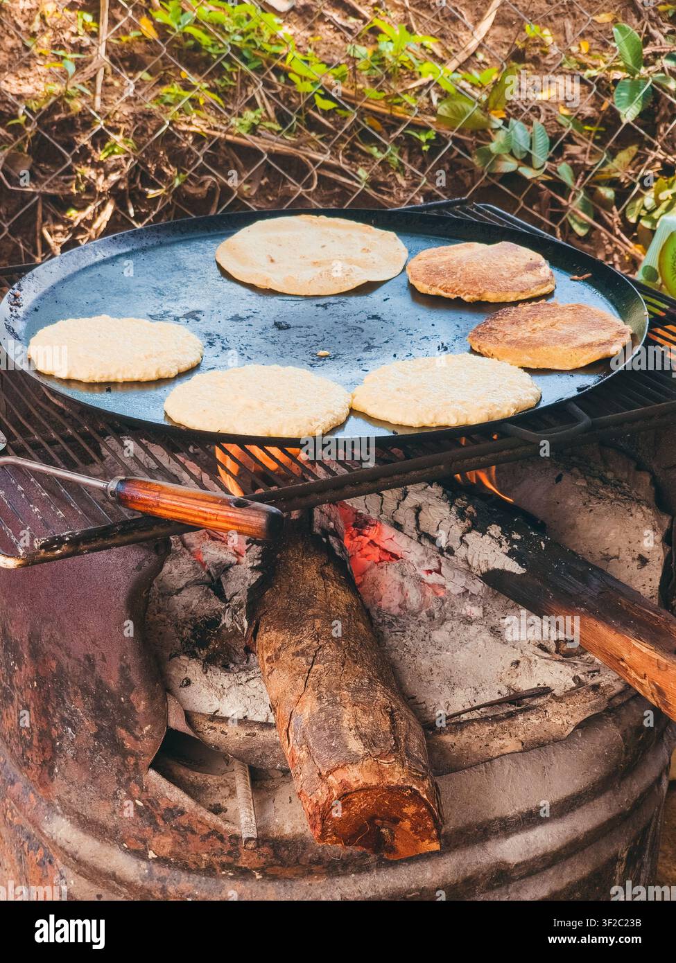 Des bûches de bois brûlent sous une plaque ronde. Les galettes grésillent, dorées et croustillantes, au-dessus de la chaleur. Des feuilles et des vignes séchées encadrent la scène culinaire rustique. N Banque D'Images