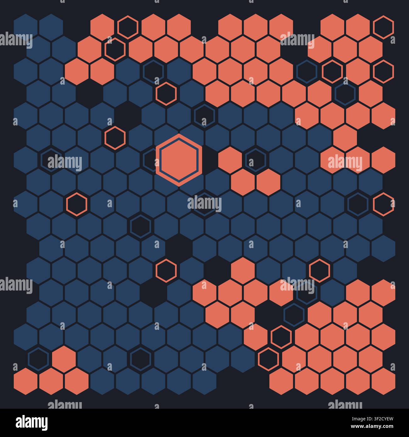 Ce design présente une grille alvéolaire où les hexagones alternent entre deux couleurs, créant des amas organiques avec certaines cellules contournées. Cette disposition est Illustration de Vecteur