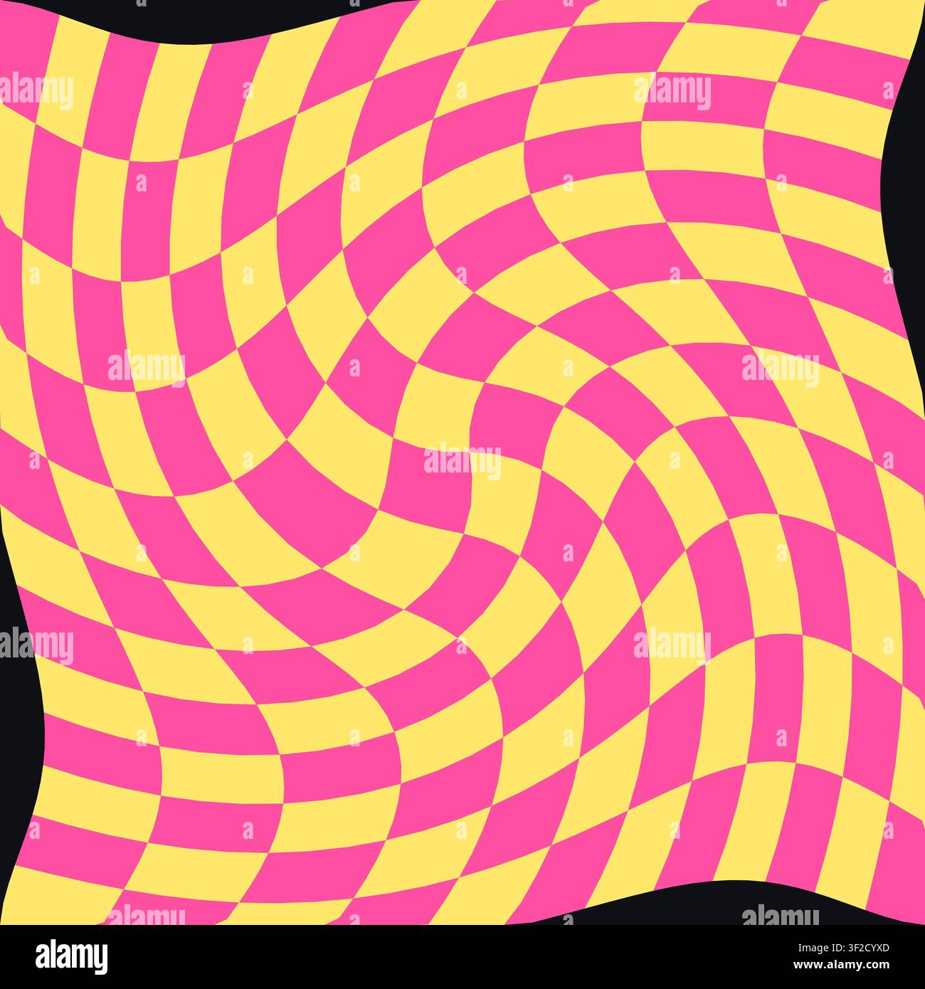 Le design présente un motif damier classique qui se gonfle et tourbillonne comme s'il était attiré dans une lentille. Ce motif psychédélique utilise un rose vif a Illustration de Vecteur