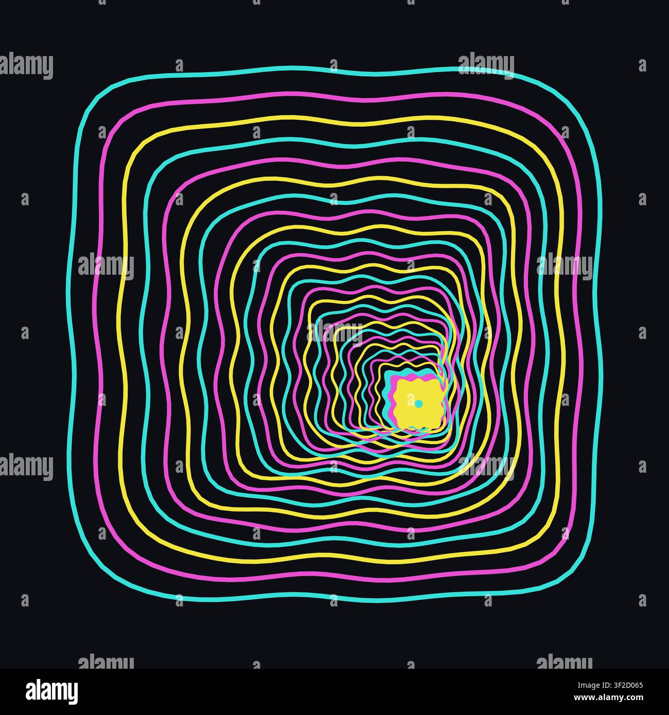 Un tunnel créé avec des contours imbriqués et tremblants qui se rétrécissent vers un point de fuite décentré. Les teintes cyclent d'une manière qui donne une sensation de profondeur et Illustration de Vecteur