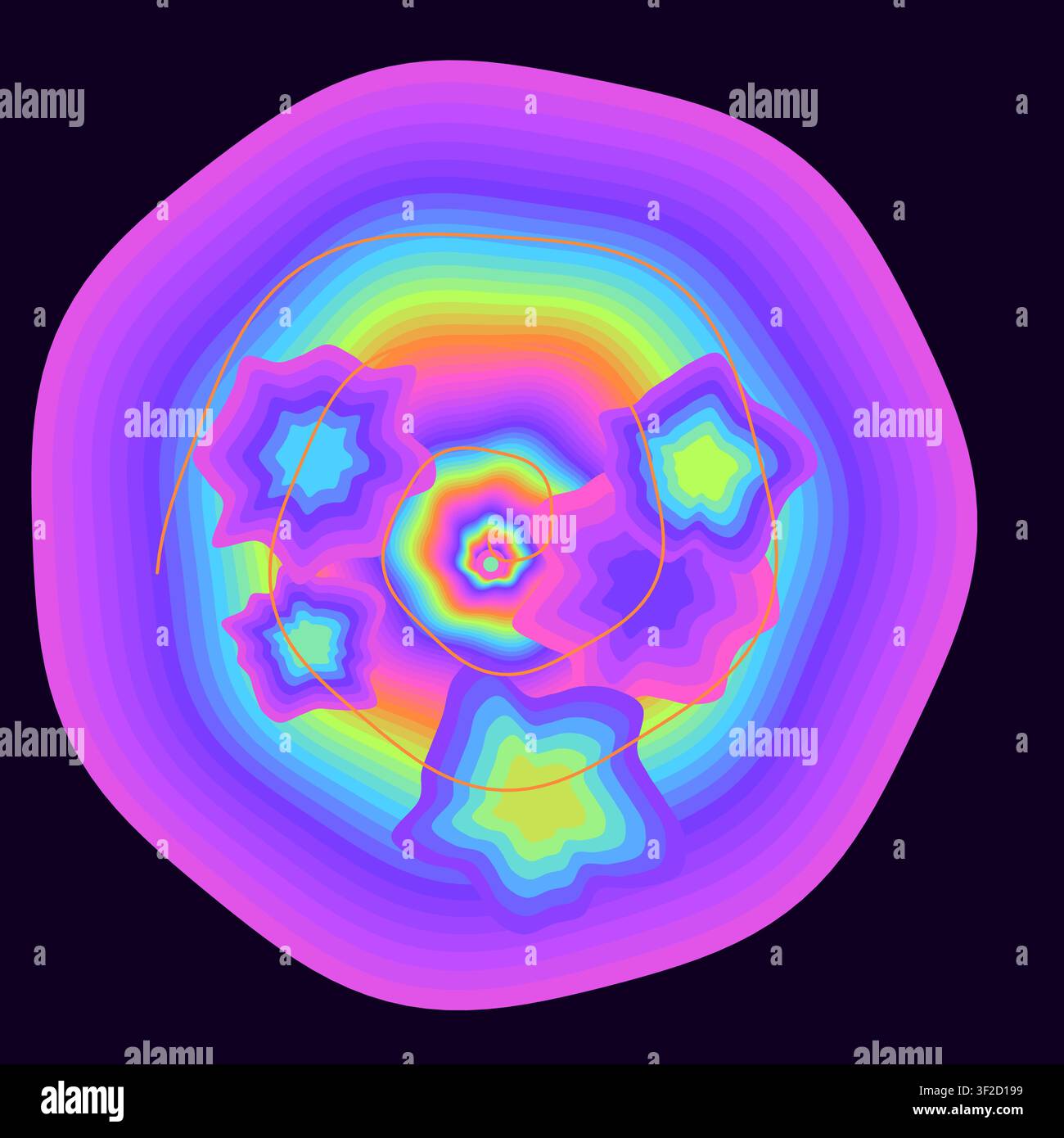Une illustration audacieuse et vibrante affiche un vortex concentrique de bandes arc-en-ciel se fondant en formes liquides. L'œuvre d'art présente une spirale tourbillonnante de mo Illustration de Vecteur
