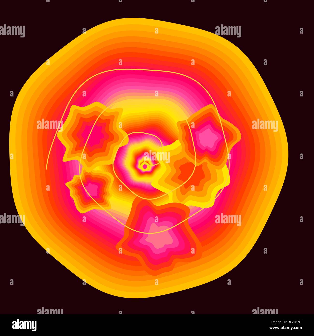 Un vortex éclatant composé de bandes arc-en-ciel et de formes lumineuses. Le design présente des champs de couleurs plats qui créent une lueur vive et des motifs tourbillonnants. Illustration de Vecteur