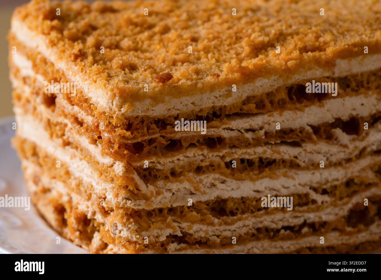 Close-up d'une tranche de gâteau au miel en couches avec une garniture crémeuse et un topping aux miettes, mettant en valeur une texture de dessert doré cuit au four, parfait pour les menus de boulangerie, foo Banque D'Images