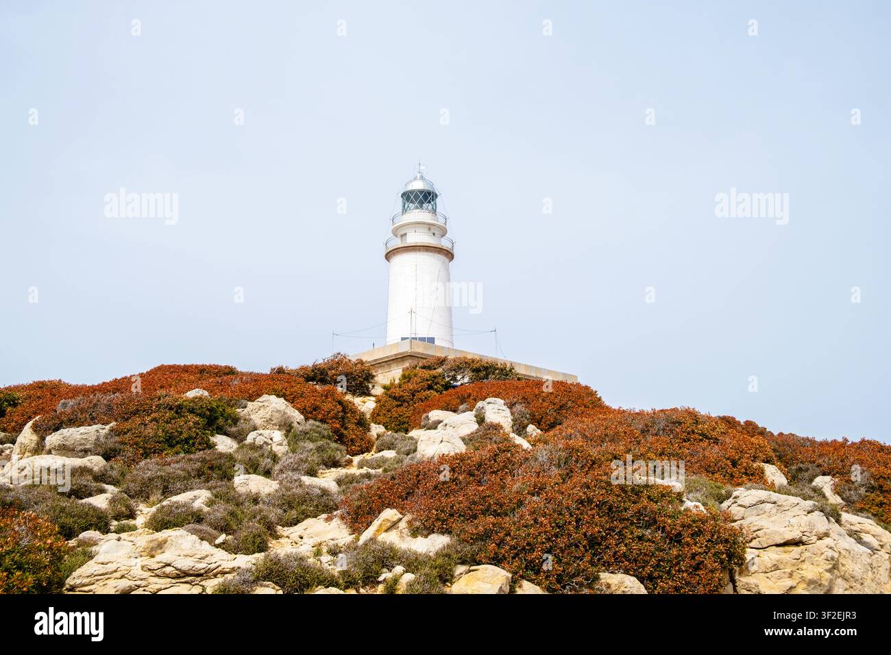 Phare de Cap de Formentor sur une colline rocheuse contre un ciel clair, Majorque, Espagne Banque D'Images