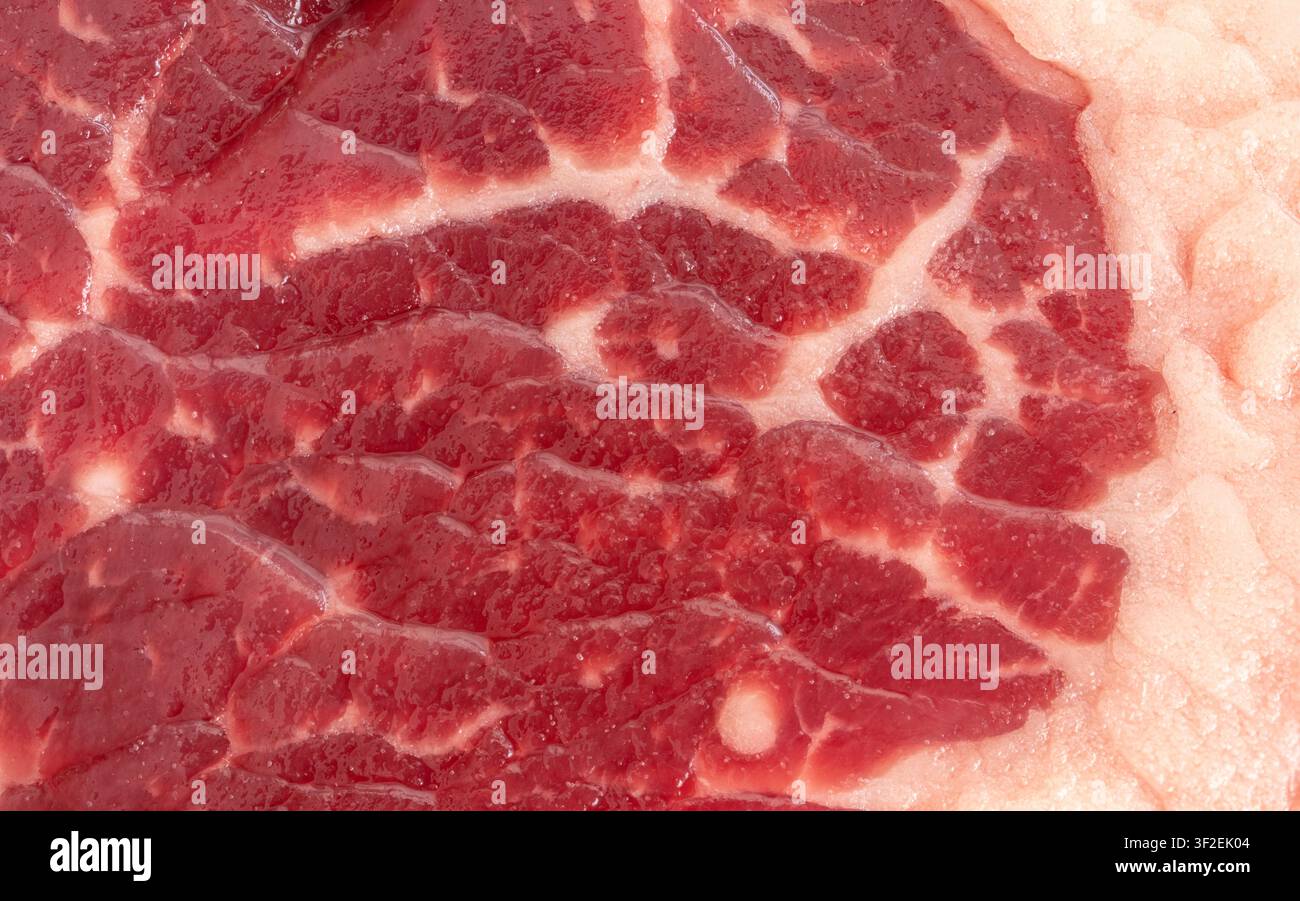 Steak de bœuf Wagyu cru motif macro. Tranche de viande rouge fraîche gros plan, coupe détaillée de sirloin rump. Viande à marbrures Black Angus, steak de bœuf frais vue de dessus Banque D'Images