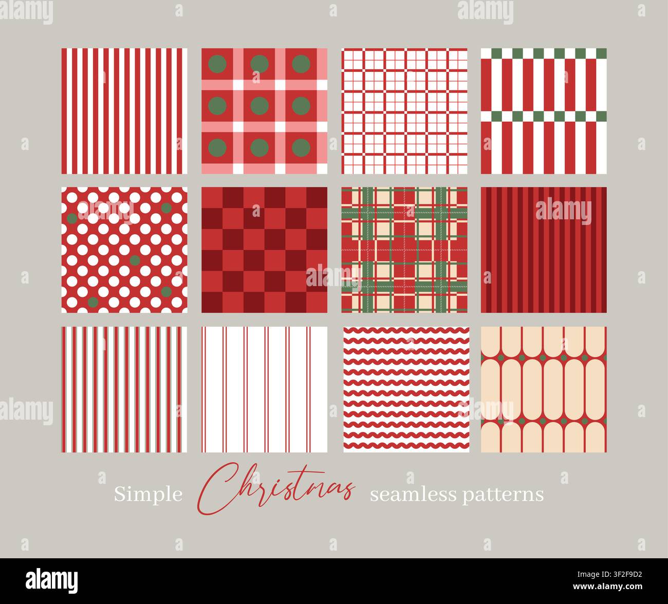 Collection de motifs géométriques sans couture de Noël avec rayures, carreaux, points, vagues, designs minimalistes de vacances Illustration de Vecteur