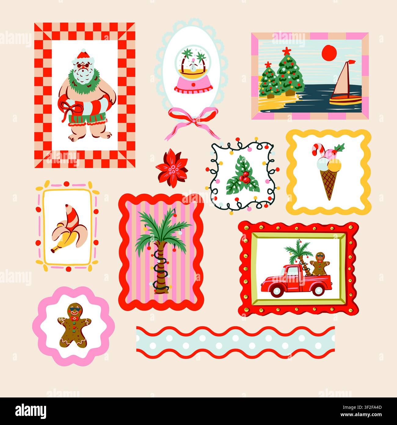 Ensemble d'éléments isolés de Noël tropical avec le Père Noël, palmier, pain d'épices, clipart de vacances d'été Illustration de Vecteur
