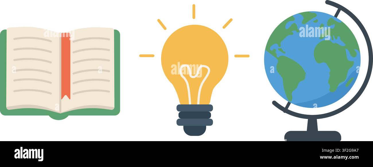 Ensemble d'illustrations UI éducation avec livre, globe et symboles de connaissance – Icônes d'apprentissage modernes Illustration de Vecteur