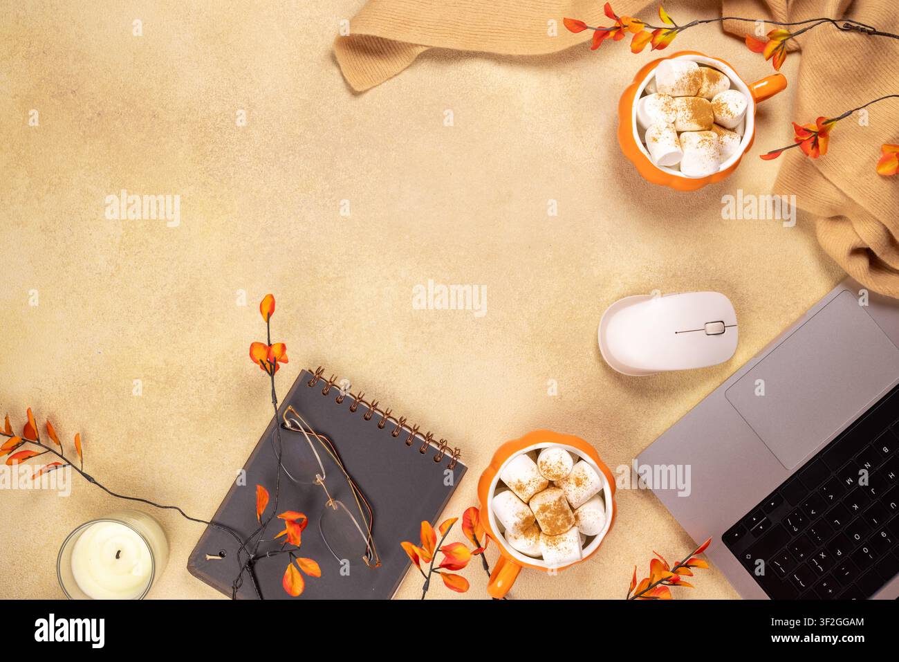 Composition plate d'automne mettant en avant un ordinateur portable. Cahier. Lunettes. Bougie. Et deux tasses en forme de citrouille remplies d'une boisson chaude garnie de guimauves et de cannelle Banque D'Images