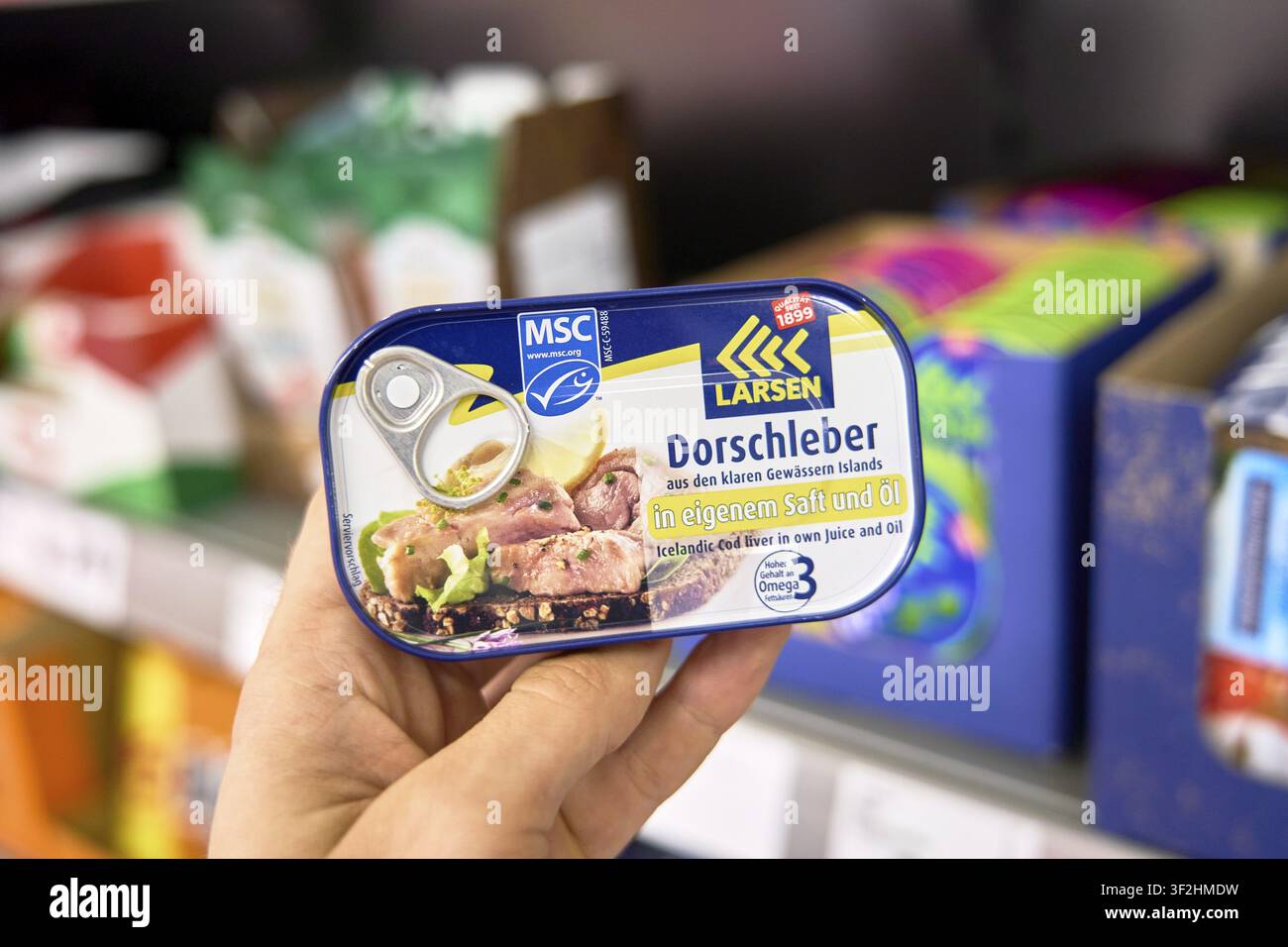 Une boîte de foie de morue LARSEN est tenue dans la main, une étagère dans un supermarché en arrière-plan, magasin discount Penny Banque D'Images