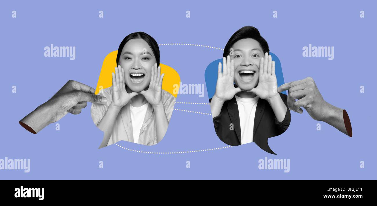 Femme et homme asiatiques souriants communiquant avec les mains au bureau, concept d'affaires Banque D'Images