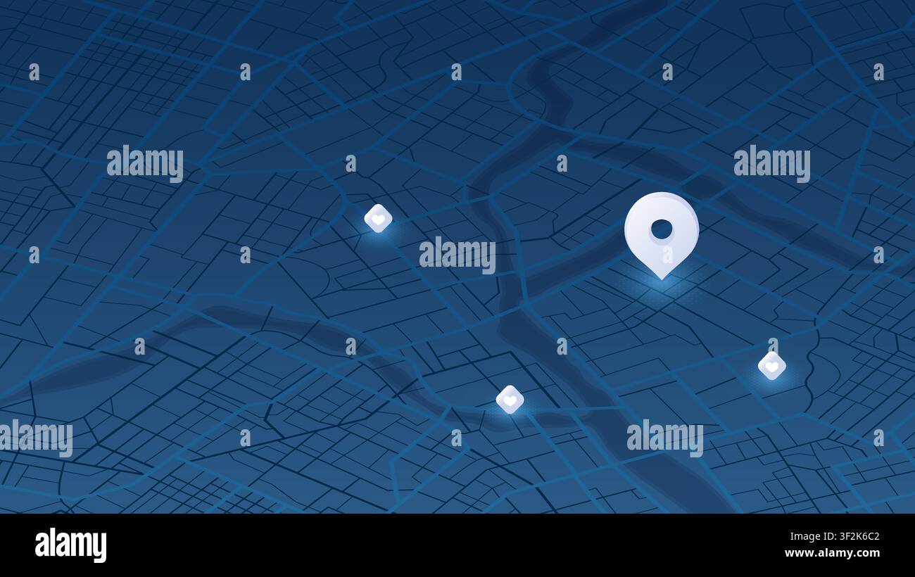 Interface de carte bleu foncé avec une grande épingle de localisation blanche et des marqueurs lumineux sur un fond de grille de rues Illustration de Vecteur