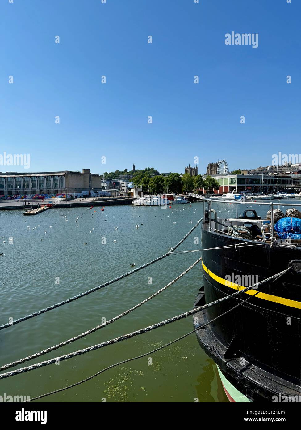 Vue du port vers la cathédrale de Bristol et la grande roue d'observation Banque D'Images