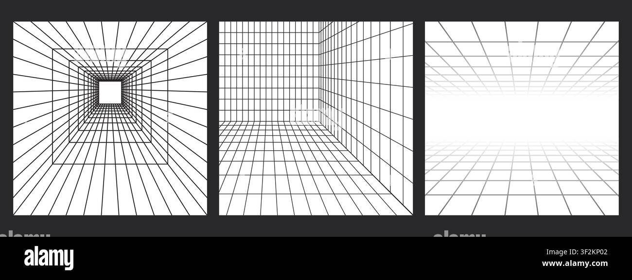 Ensemble de boîtes à grille de perspective. Lignes de maillage sur fond sombre. Fond de pièce 3D abstrait de style rétro Illustration de Vecteur