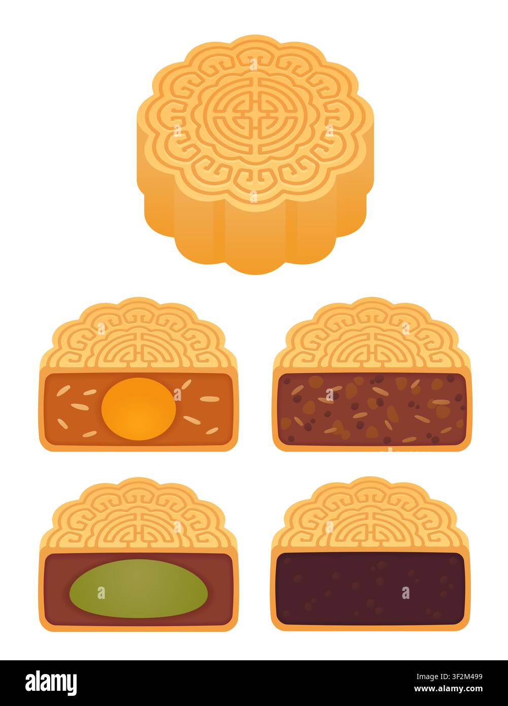 Mooncake, pâtisserie traditionnelle chinoise avec différentes garnitures : graines de lotus et pâte de haricots rouges, jaune d'œuf et sésame. Illustration vectorielle isolée Illustration de Vecteur
