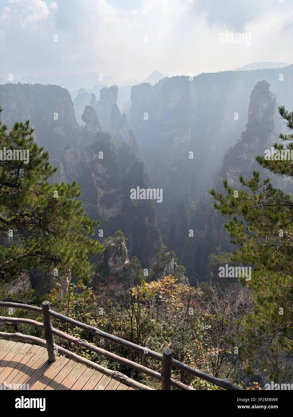 4 novembre 2025, Zhangjiajie, Chine – Des piliers de grès quartzique s’élèvent de la brume matinale au point de vue Luoguta, parc national forestier de Zhangjiajie, province de Hunan. - Image de stock capturée avec un smartphone