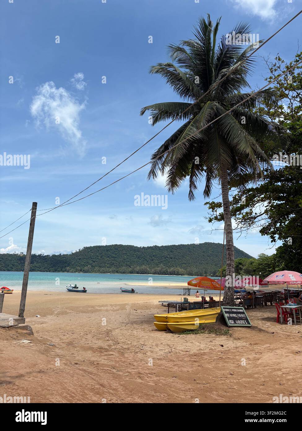 22 avril 2025, Village de pêche local, Cambodge – Scène de plage tropicale avec palmier penché, kayaks jaunes, panneaux d’une boutique de plongée locale et mer turquoise devant des collines couvertes de jungle. - Image de stock capturée avec un smartphone