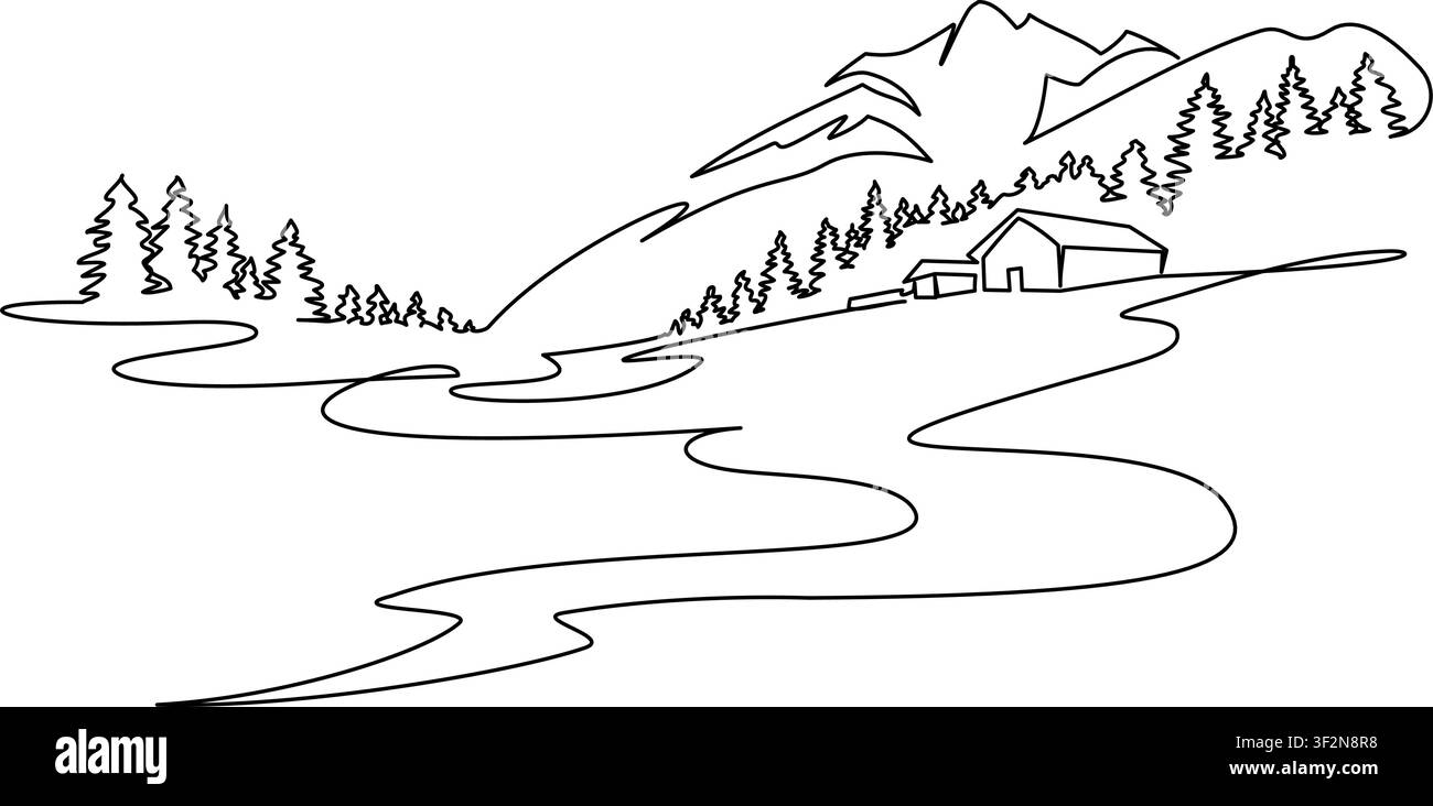 Paysage avec une petite rivière, des arbres et des montagnes. Concept de dessin sur une seule ligne. Illustration de Vecteur