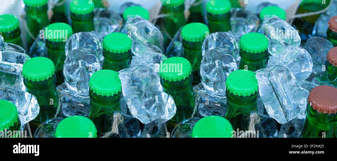 Bouteilles de bière dans des motifs de glaçons, de nombreux bouchons froids dans une boîte, coffre à bière glacé, différentes bouteilles froides, boissons fraîches pour fête d'été dans le réfrigérateur Banque D'Images
