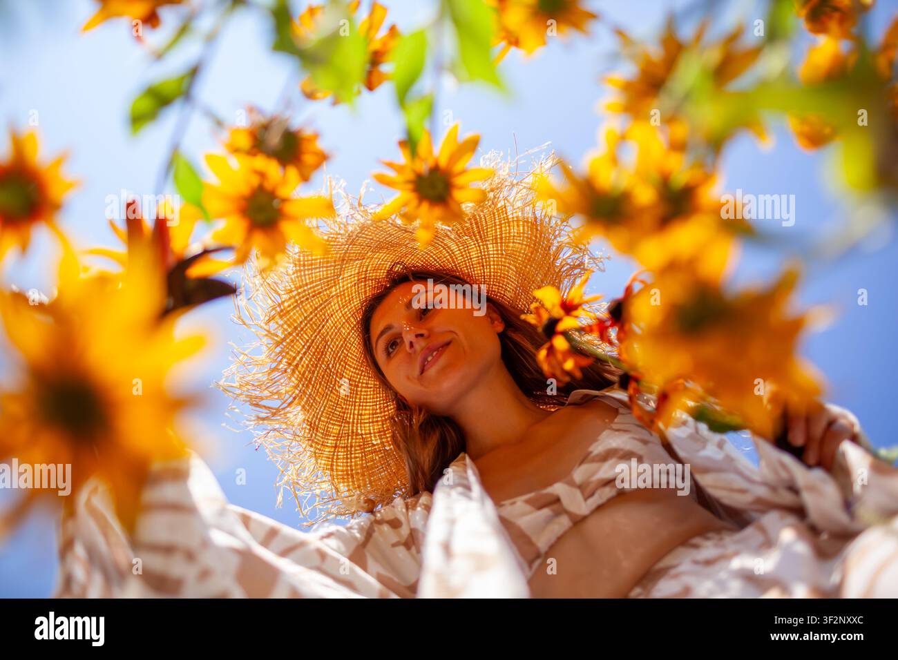 Femme cueillant des fleurs de rudbeckia à l'aide d'une sécateur dans un jardin en été. Portrait vu d'en bas. Jardinière élégante portant un chapeau de paille devant le ciel Banque D'Images