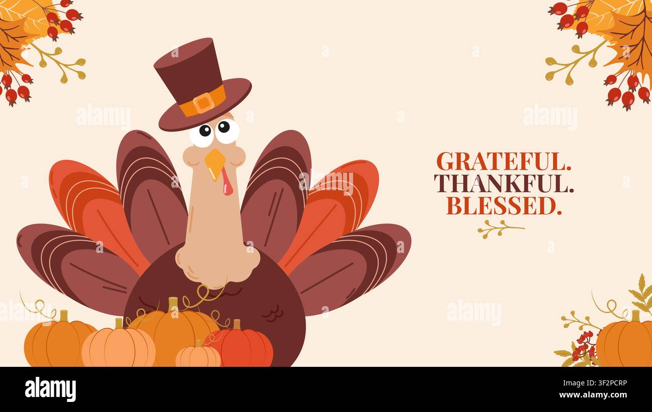 Modèle d'invitation pour Thanksgiving avec des feuilles d'automne et une couronne de dinde mignonne. Pour carte de vœux, invitation de fête, impression et conception web, illustration vectorielle. Illustration de Vecteur