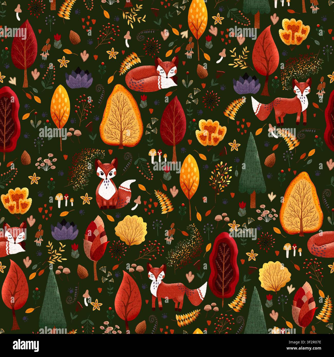 Motif de forêt automnale sans couture dessiné à la main avec des renards roux, des arbres, des feuilles, des champignons, des baies, des pommes de pin et des plantes forestières sur un fond vert foncé Banque D'Images