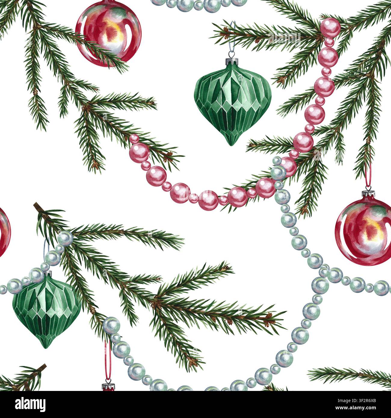 Motif sans couture de Noël composé de branches de sapin et de décorations de sapin. Illustration aquarellée dessinée à la main. Pour les emballages de Noël, les fêtes saisonnières Banque D'Images