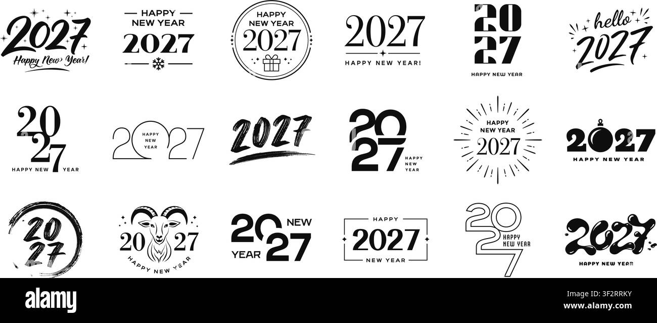 Badges du Nouvel An 2027 et emblèmes typographiques pour le branding des fêtes, la carte de fête, le calendrier et la conception d'affiches. Logos vectoriels noirs sur fond blanc. Illustration de Vecteur