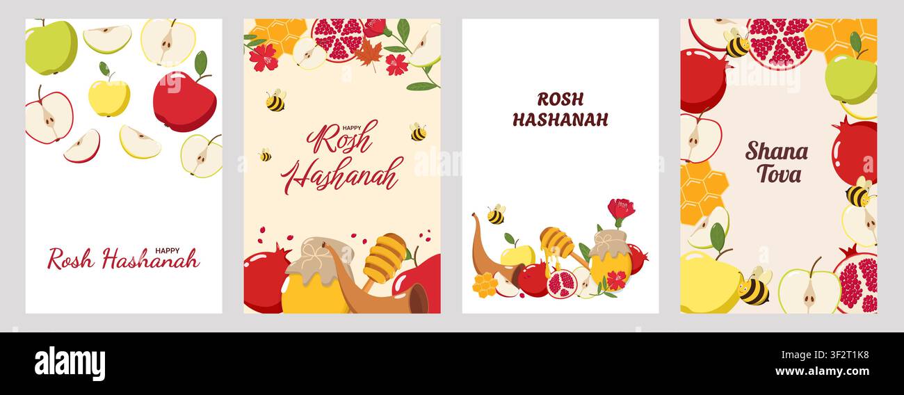 Quatre cartes de vœux Rosh Hashanah avec des pommes, du miel, des grenades, des abeilles, un shofar et des fleurs Illustration de Vecteur