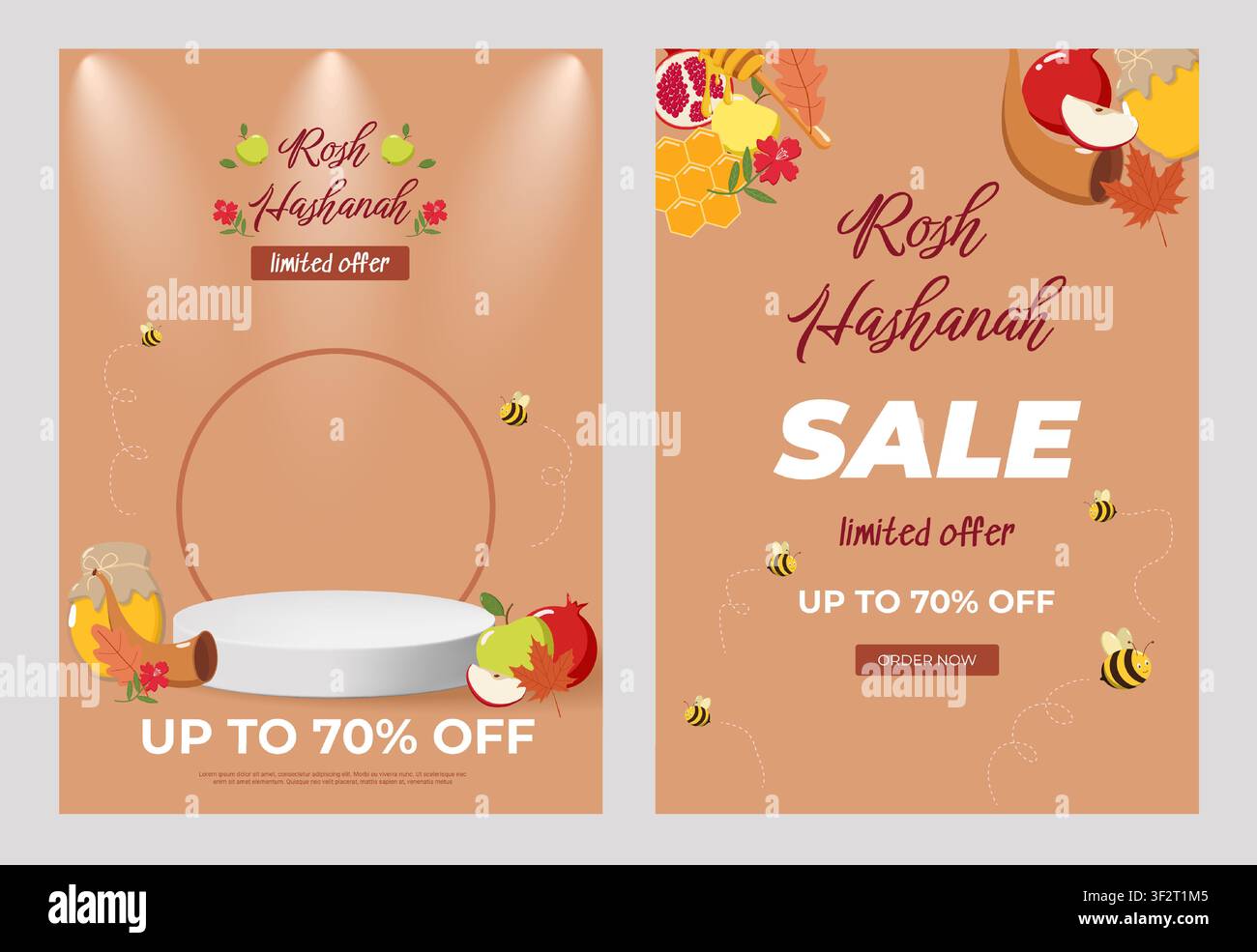 Deux affiches de promotion Rosh Hashanah avec des pommes, des pots de miel, des grenades, des abeilles et des feuilles d'automne sur un fond brun-orange chaud Illustration de Vecteur