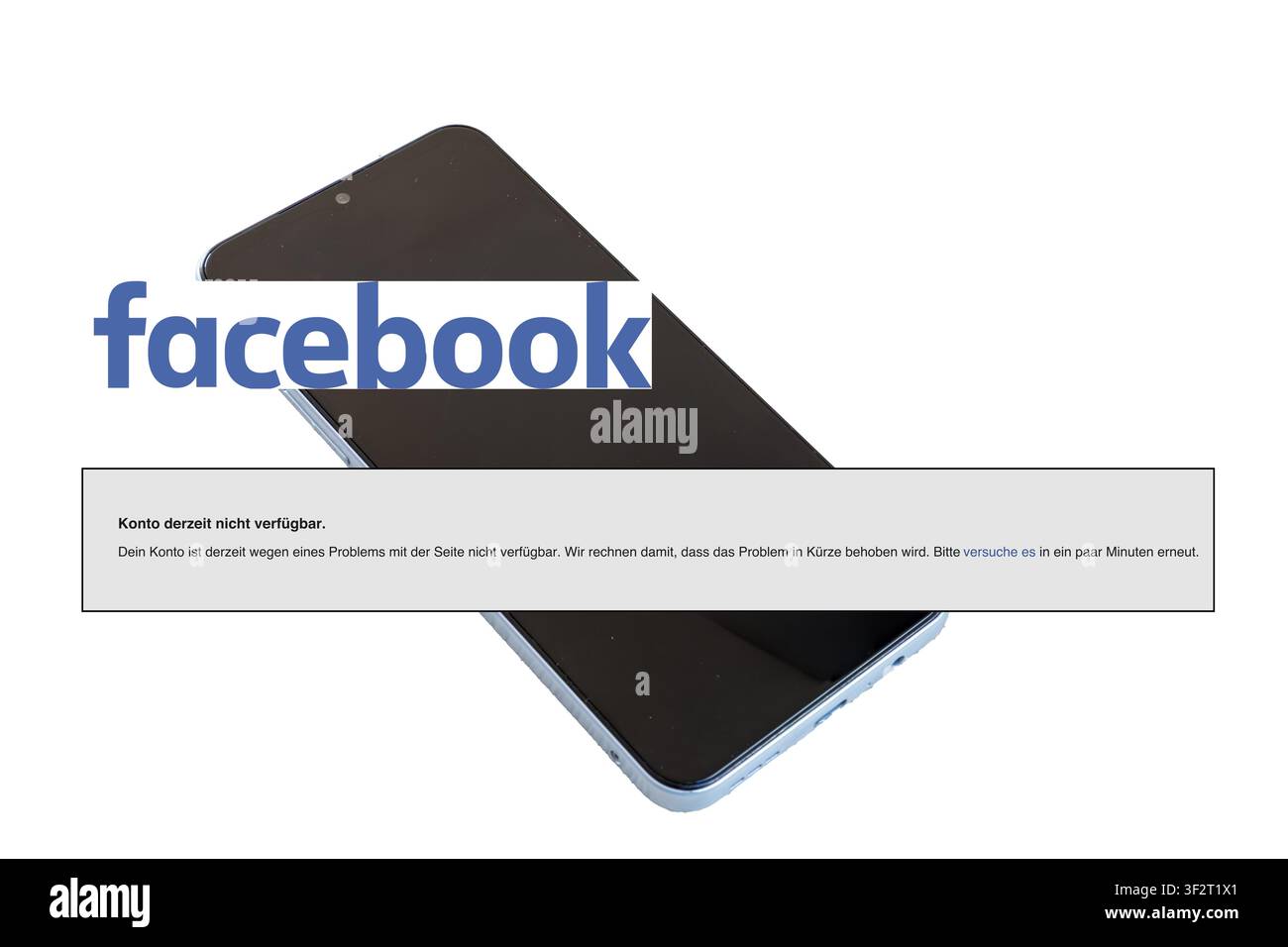 Image illustrative d'une panne de Facebook : le logo Facebook et le message indiquant que le compte est actuellement indisponible, sur un sm recadré Banque D'Images