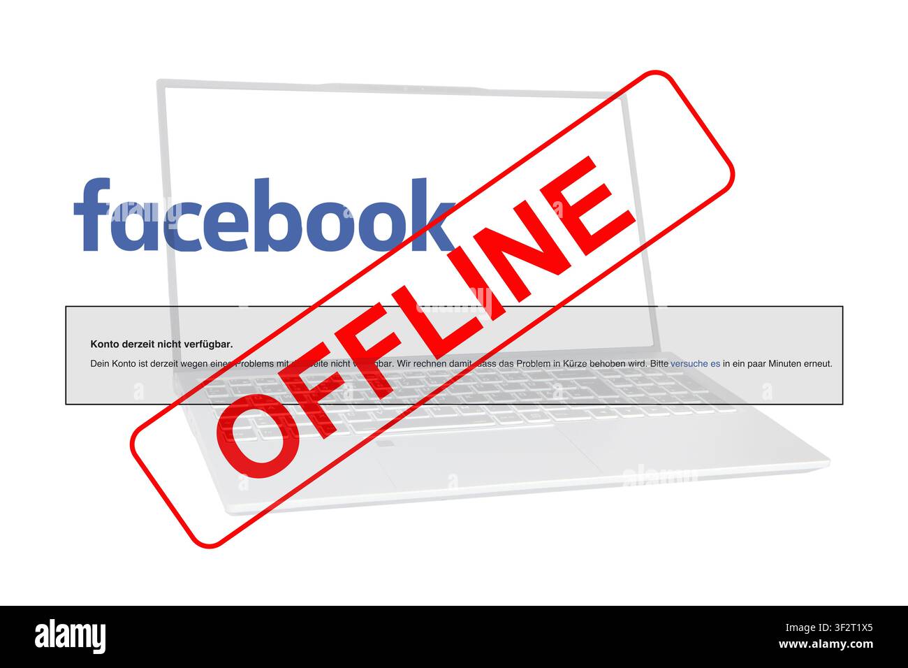 Image illustrant une panne de Facebook : une barre rouge avec le texte OFFLINE, le logo Facebook et le message indiquant que le compte est actuellement indisponible Banque D'Images