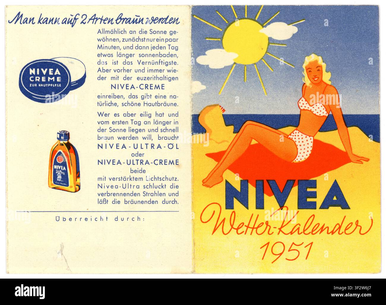 Feuillelet de calendrier météo rétro du milieu du siècle des années 1950 pour la crème solaire Nivea allemande, publicité, daté de 1951, Allemagne Banque D'Images