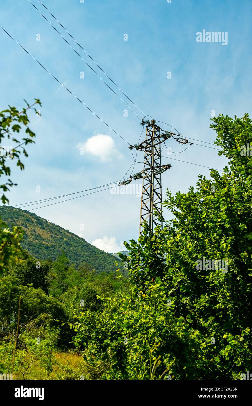 Tour de transmission haute tension entourée de montagnes boisées dans le nord de l'Italie Banque D'Images