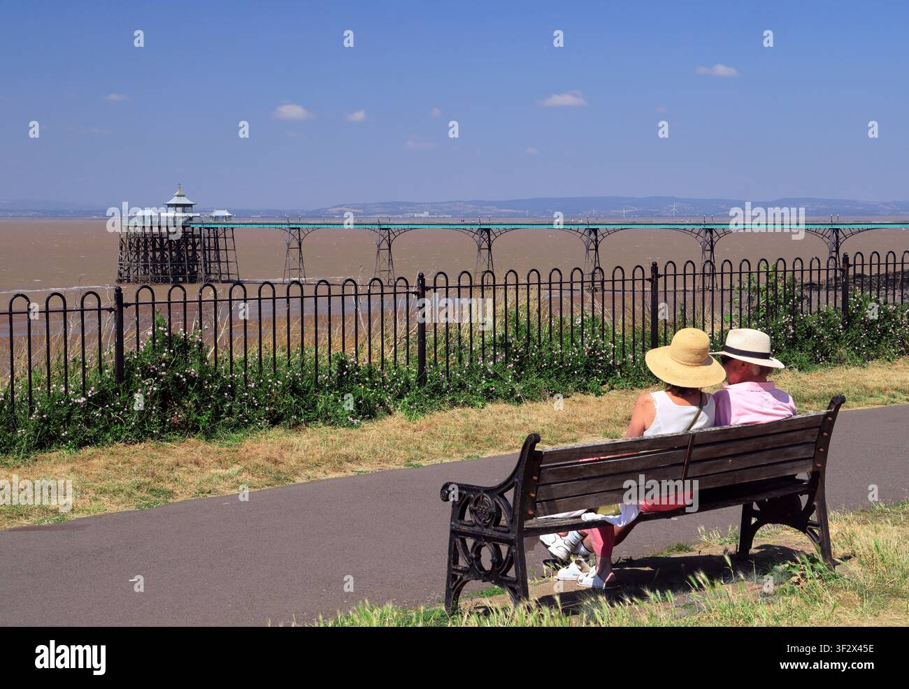 Couple assis sur un banc avec le Clevedon Pier au loin, Clevedon, Somerset. Banque D'Images