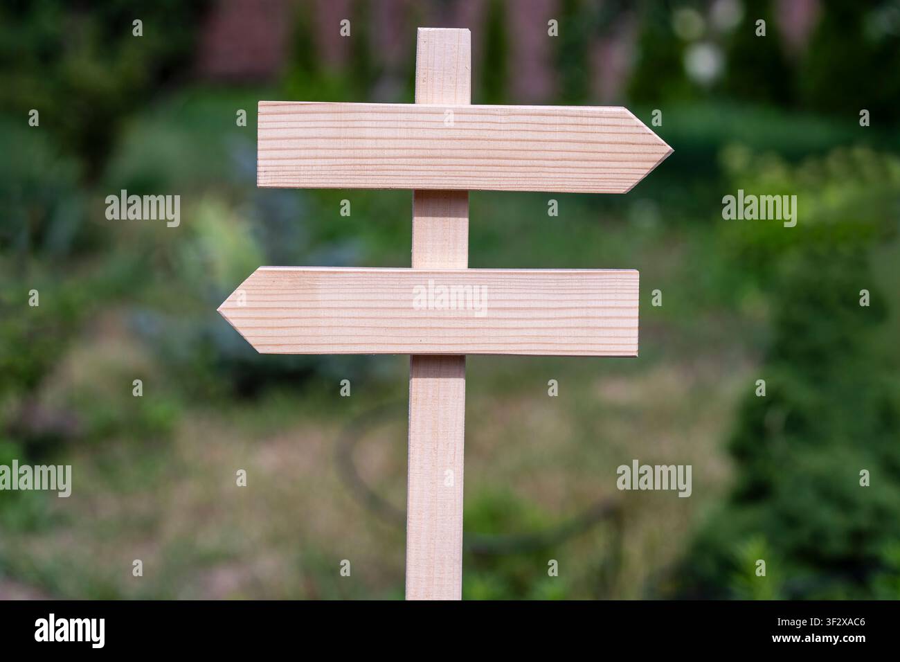 Panneau directionnel en bois vierge avec des flèches pointant à gauche et à droite dans un jardin vert. Un panneau en bois vide avec deux flèches opposées sur un fond vert flou Banque D'Images