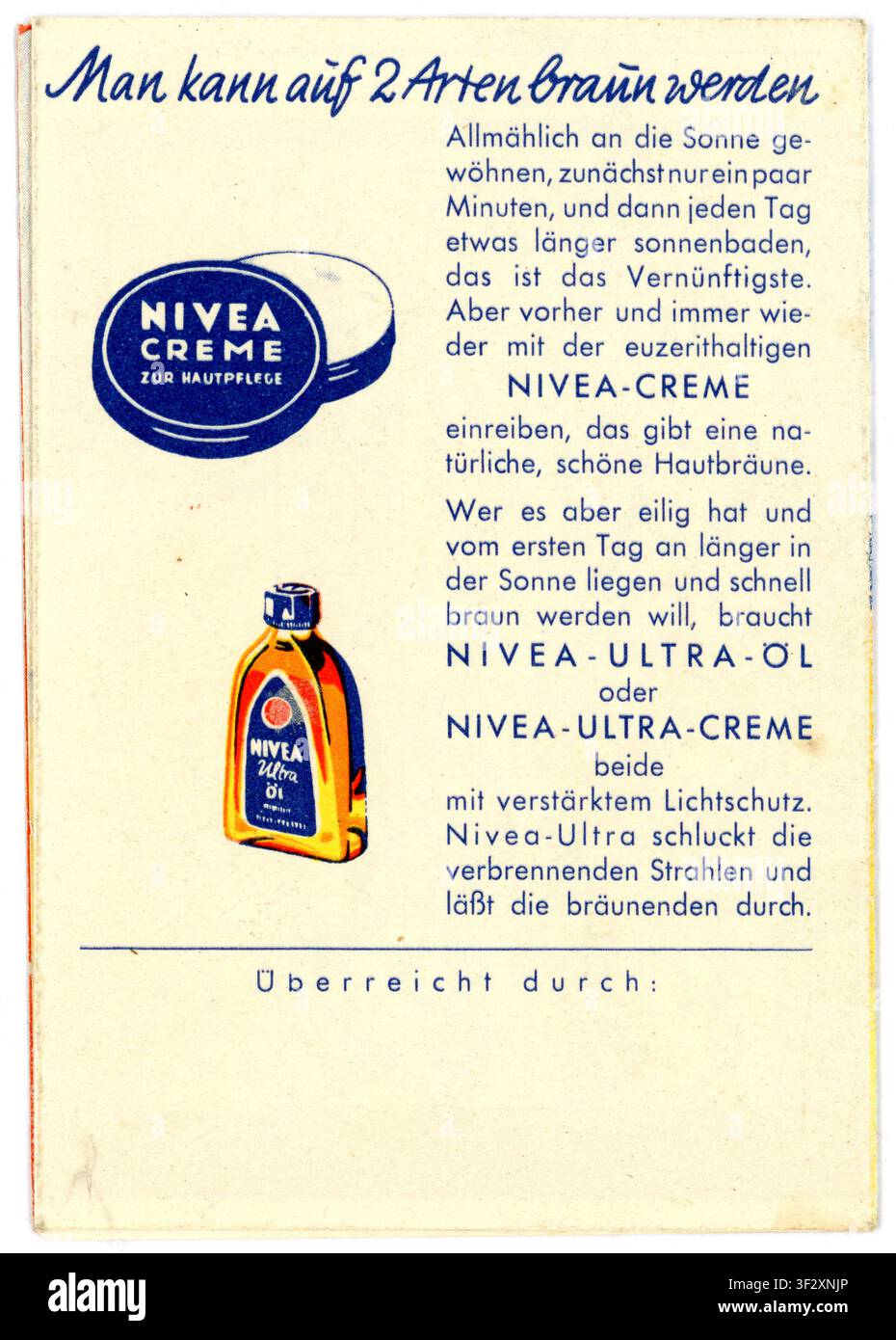 Feuillelet de calendrier météo rétro du milieu du siècle des années 1950 pour la crème solaire Nivea allemande, publicité, daté de 1951, Allemagne Banque D'Images