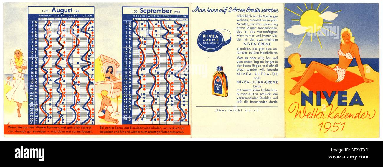 Feuillelet de calendrier météo rétro du milieu du siècle des années 1950 pour la crème solaire Nivea allemande, publicité, daté de 1951, Allemagne Banque D'Images