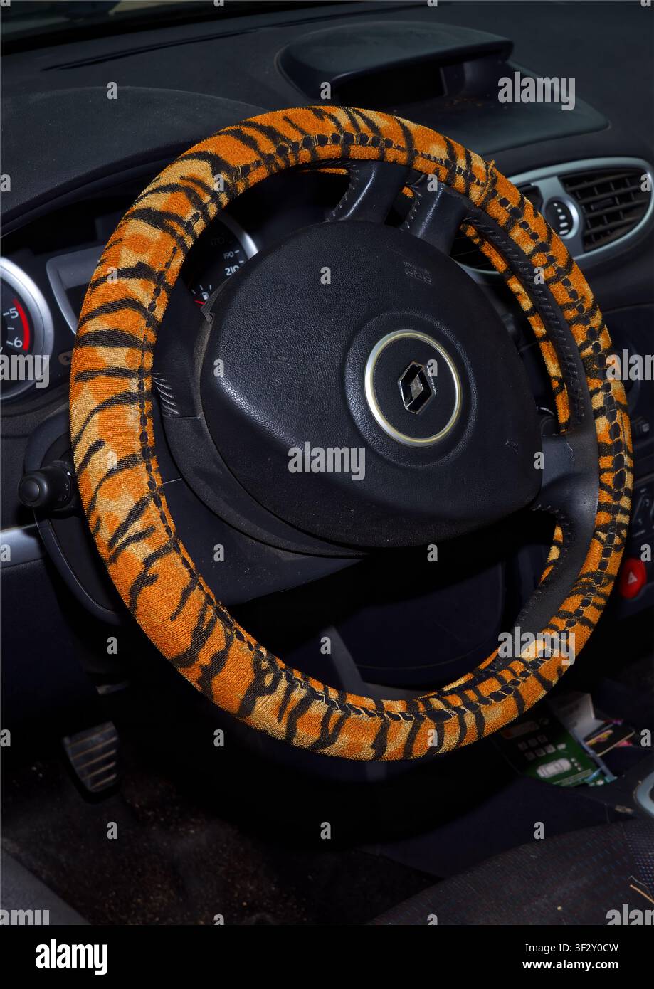 Close-up d'un volant de voiture équipé d'un revêtement imprimé tigre Banque D'Images