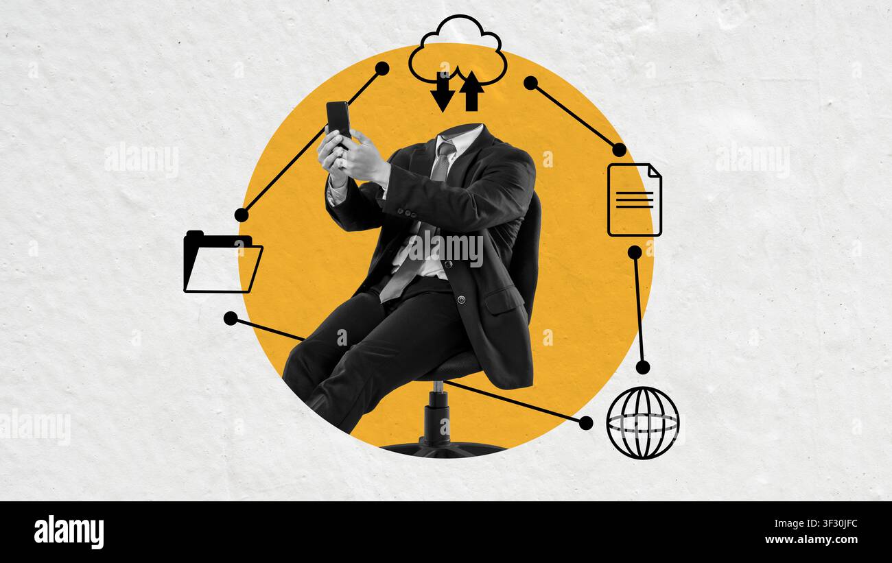 Collage créative d'un homme d'affaires décapité utilisant un téléphone, entouré d'icônes de réseautage telles que nuage, dossier et globe, symbolisant la connexion numérique moderne Banque D'Images