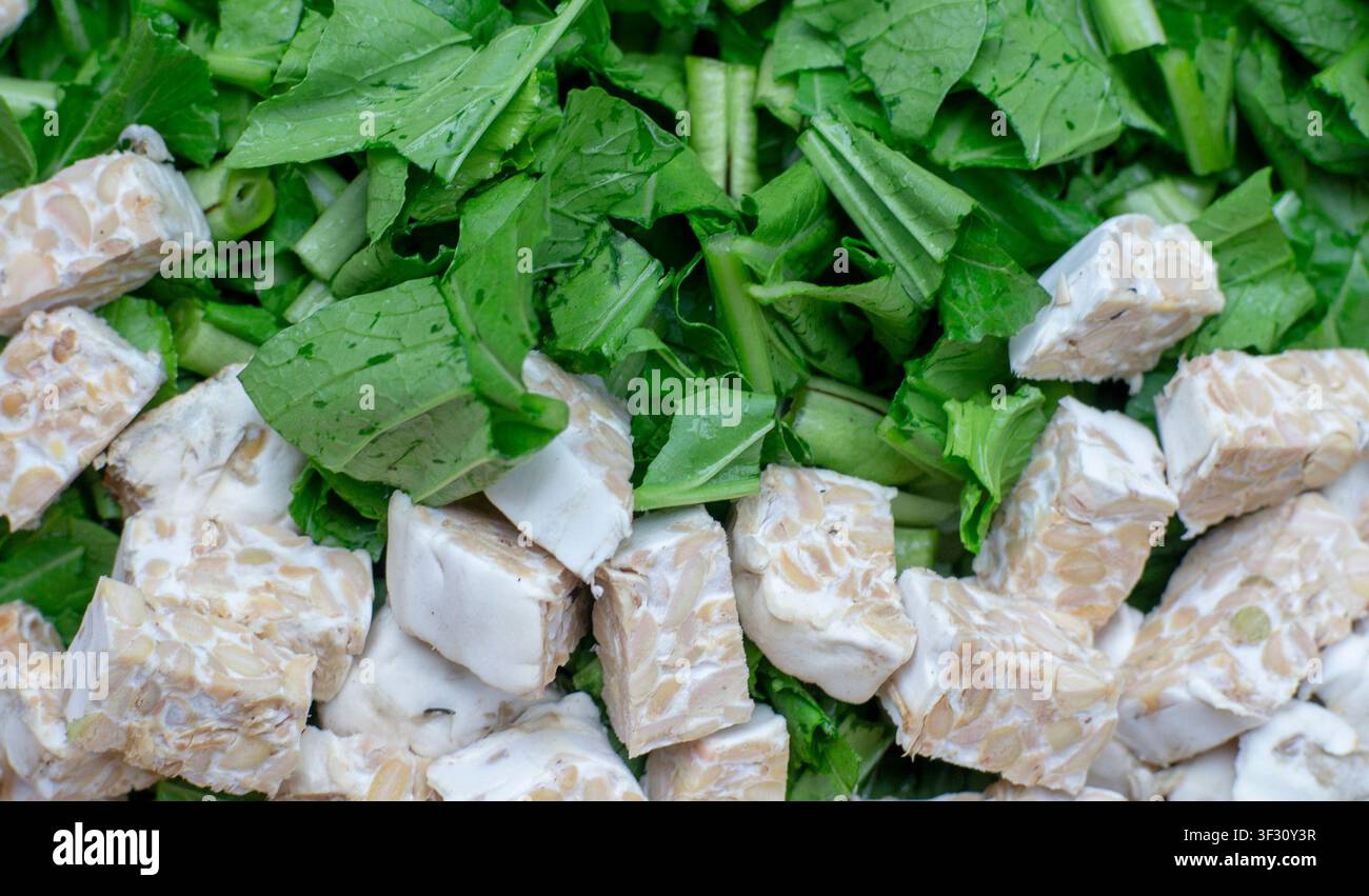 Morceaux de tempeh et feuilles vertes fraîches fond alimentaire en gros plan Banque D'Images