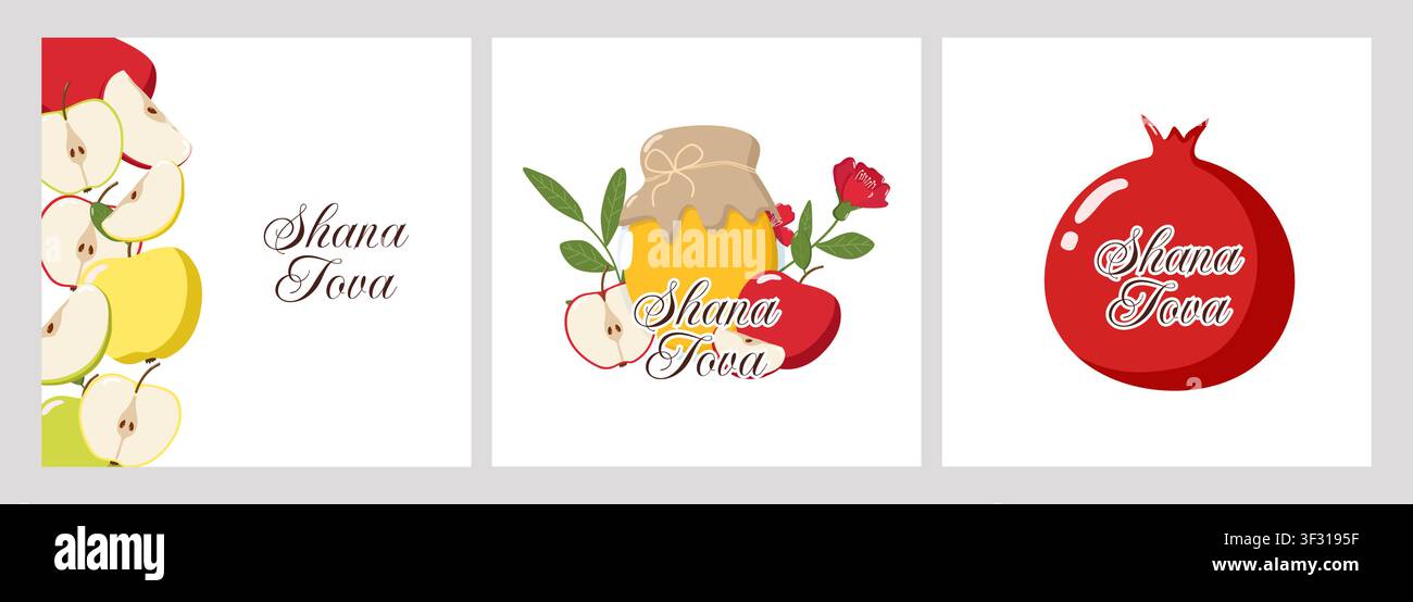 Trois panneaux de vœux Shana Tova avec des pommes, un pot de miel, un pamplemousse, des fleurs et des feuilles Illustration de Vecteur