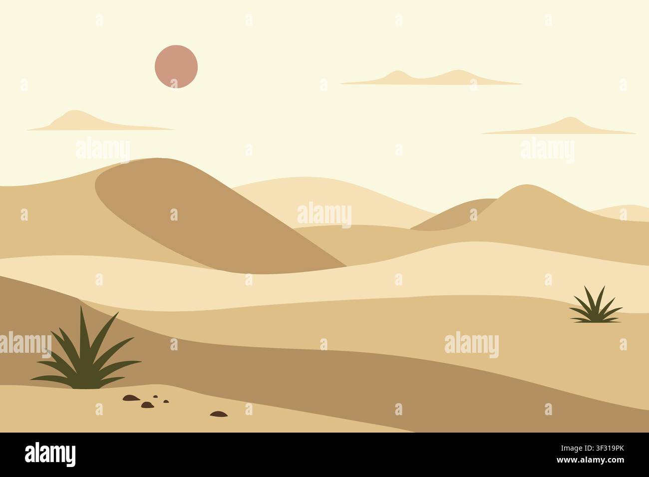 Illustration minimaliste du désert montrant des dunes de sable ondulantes, des plantes clairsemées, un sol rocheux et un soleil bas dans le ciel Illustration de Vecteur