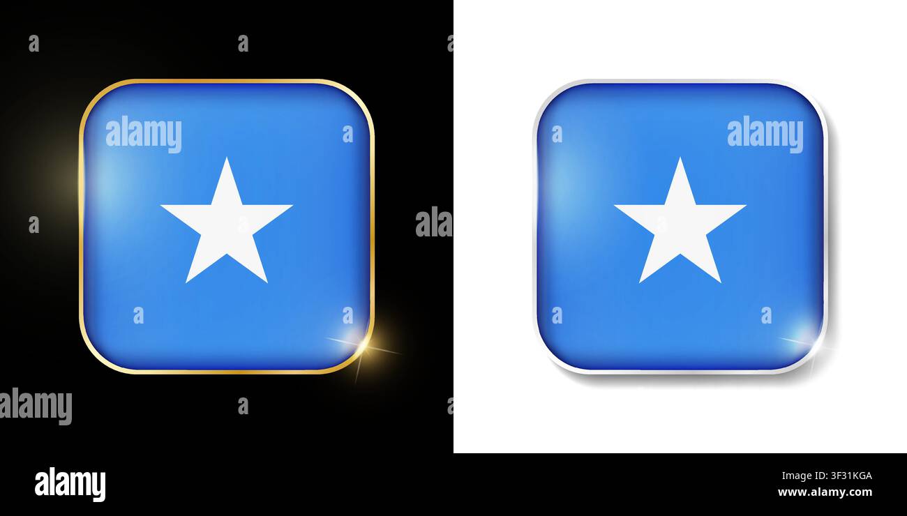 Icônes dorées et argentées brillantes du drapeau de la Somalie isolées sur noir et blanc. Boutons illuminés arrondis carrés en 3D avec ombre. Utilisation pour les paris, tourna Illustration de Vecteur
