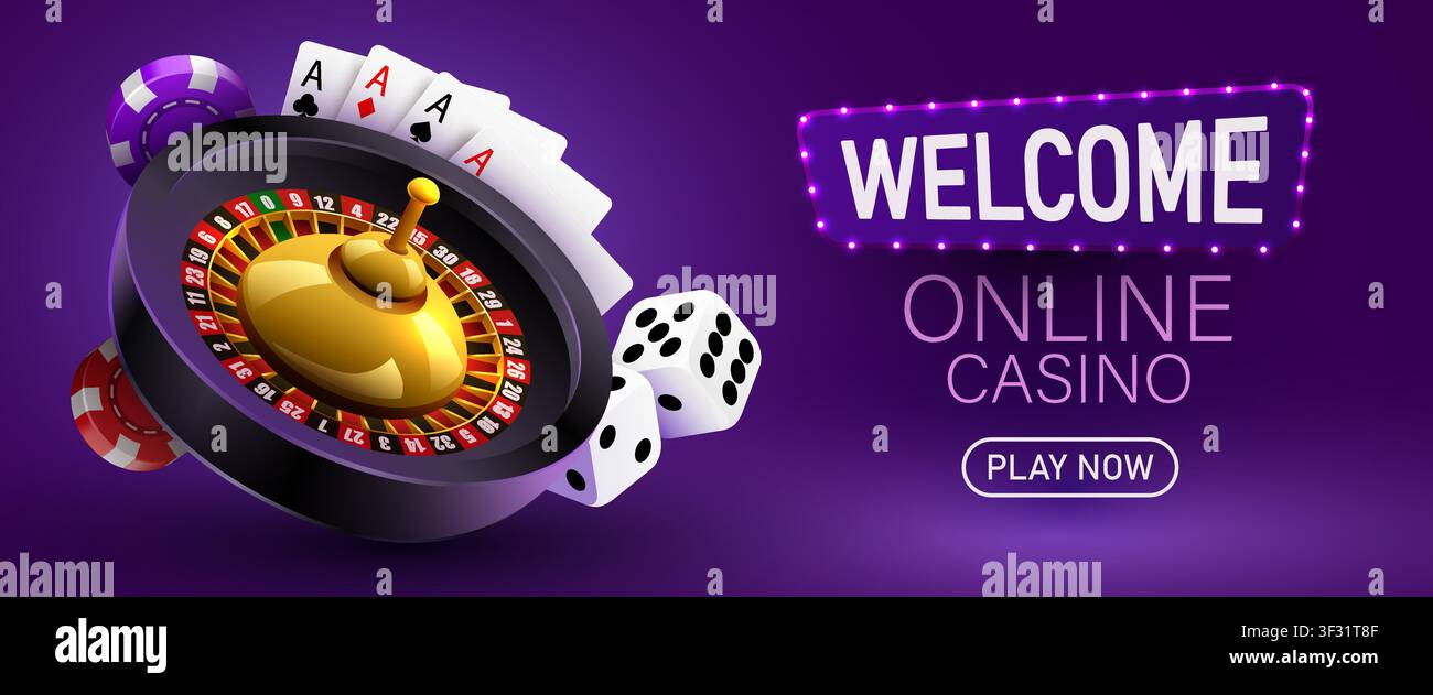 Bannière de bienvenue pour casino en ligne avec roulette et cartes à jouer. Conception de jeu de hasard. Illustration vectorielle Illustration de Vecteur